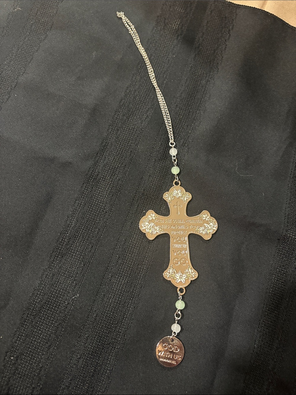 Gold-Tone Decorative Cross Pendant chain with Bead Accents